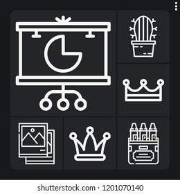 Set of 6 collection outline icons such as hat, crown, pie chart, cactus, picture