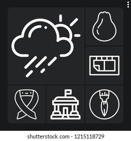 Set of 6 collection outline icons such as weather, pear, paint brush, library, scoreboard