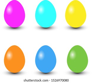 Set of 6 color Easter Eggs. Design elements for holiday cards. Easter collection. Colorful, glossy and isolated with realistic light and shadow on the light panel. Vector illustration.