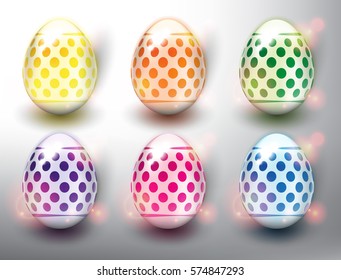 Set of 6 color Easter Eggs. Design elements for holiday cards. Easter collection. Colorful, glossy and isolated with realistic light and shadow on the light panel. Vector illustration. Eps10.