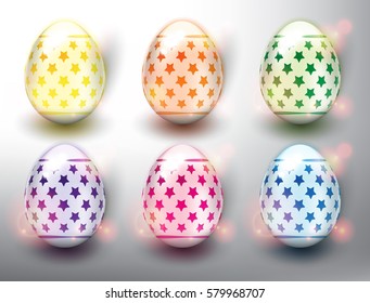 Set of 6 color Easter Eggs. Design elements for holiday cards. Easter collection. Colorful, glossy and isolated with realistic light and shadow on the light panel. Vector illustration. Eps10.