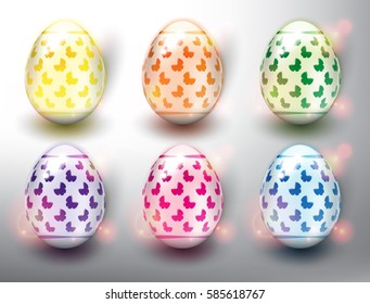 Set of 6 color Easter Eggs. Design elements for holiday cards. Easter collection. Colorful, glossy and isolated with realistic light and shadow on the light panel. Vector illustration. Eps10.