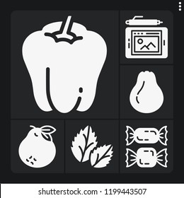 Set of 6 color filled icons such as candies, basil, graphic tablet, bell pepper, pear