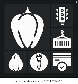 Set of 6 color filled icons such as papaya, bell pepper, paint brush, traffic light, credit card