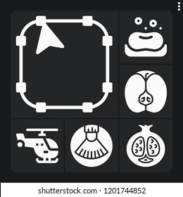 Set of 6 color filled icons such as apple, pomegranate, paint brush, , soap