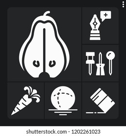 Set of 6 color filled icons such as pear, eraser, pen, sphere, carrot