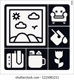 Set of 6 color filled icons such as painting, pencil box, drawing tablet, paint bucket, armchair