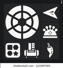 Set of 6 color filled icons such as chili pepper, green arrow, color wheel, shapes, air compressor