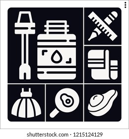 Set of 6 color filled icons such as avocado, glue, fried egg, towel, dress