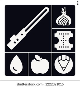Set of 6 color filled icons such as shallot, pencil, light saber, ink, apple