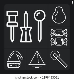 Set of 6 color outline icons such as santa hat, candies, push pin, pear, magic wand