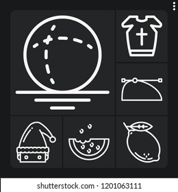 Set of 6 color outline icons such as armour, santa hat, watermelon, lemon, sphere