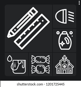 Set of 6 color outline icons such as paint, church, candies, detergent, design