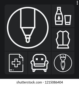 Set of 6 color outline icons such as armour, add button, marker, paint brush, water