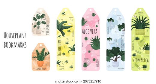 Set of 6 colored bookmarks with house plants, flower names, symbols and line elements. Flat illustration with doodle elements. Bookmarks isolated on a white background.