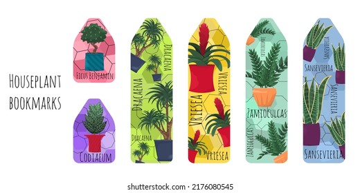 Set of 6 colored bookmarks with houseplants, flower names, symbols and line elements. Bookmarks for reading book. Flat illustration with doodle elements. Bookmarks isolated on a white background.	