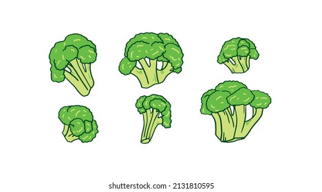 set of 6 colored broccoli doodles