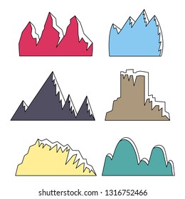 set of 6 colored mountains with snowy peaks on white background