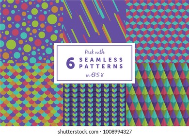 Set with 6 colored seamless geometric pattern backgrounds with ultra violet color of the year