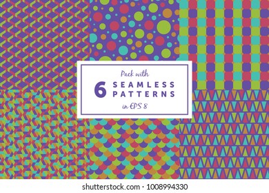 Set with 6 colored seamless geometric pattern backgrounds with ultra violet color of the year