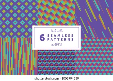 Set with 6 colored seamless geometric pattern backgrounds with ultra violet color of the year