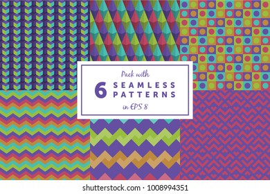 Set with 6 colored seamless geometric pattern backgrounds with ultra violet color of the year