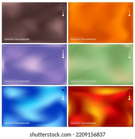 Conjunto de 6 coloridos fondos abstractos con gradientes borrosos. Papeles vivos y coloridos de líquido con paletas y cuadros de colores. Marrón moderno, rojo, morado, naranja, verde, azul telón de fondo, banderas 