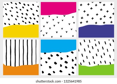 Set of 6 Colorful Abstract Geometric Illustrations.Black Hand Drawn Brushed Dots, Stripes, Lines and Signs on a White Background. Simple Infantile Abstract Art.Pink,Blue, Yellow and Green Empty Fields