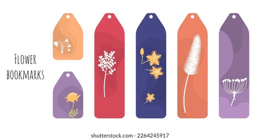 Set of 6 colorful bookmarks with decorative hand draw flowers and plants. Flat style botanical illustration. Minimalistic bookmark templates for reading. Isolated on white background.