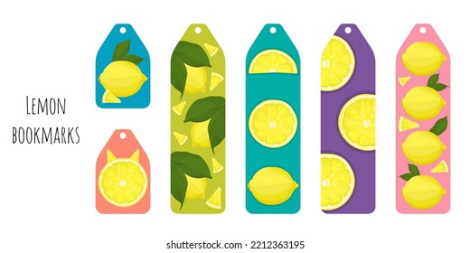 Set of 6 colorful bookmarks templates with lemon illustration. Bookmarks for man and woman. Flat illustration. Isolated on white background.