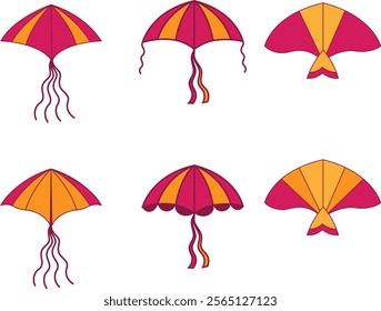 Set of 6 Colorful Decorative design Vector Kites, Collection of 6 decorative kites perfect for adding a playful touch to any design project. Ideal for graphic designers looking to incorporate dynamic