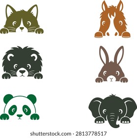 Set of 6 colorful flat peeking animals over edge - olive cat, brown horse, black hedgehog, brown bunny rabbit, green panda and black elephant with paws and cute curious eyes, playful hiding pets collection bold simple vector perfect for kids brand,