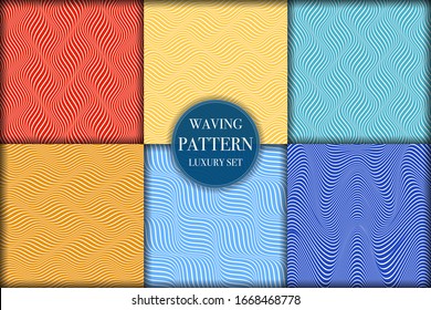 Set of 6 colorful geometric wave pattern background. Abstract waving line texture vector illustration for wallpaper, flyer, cover, banner, design template minimalistic ornament, backdrop