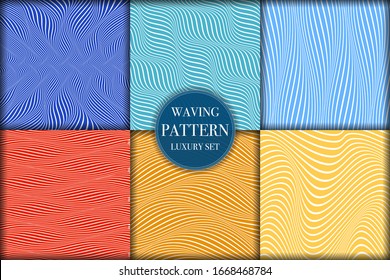 Set of 6 colorful geometric wave pattern background. Abstract waving line texture vector illustration for wallpaper, flyer, cover, banner, design template minimalistic ornament, backdrop