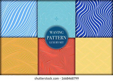 Set of 6 colorful geometric wave pattern background. Abstract waving line texture vector illustration for wallpaper, flyer, cover, banner, design template minimalistic ornament, backdrop