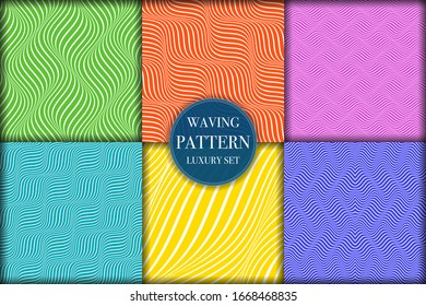 Set of 6 colorful geometric wave pattern background. Abstract waving line texture vector illustration for wallpaper, flyer, cover, banner, design template minimalistic ornament, backdrop