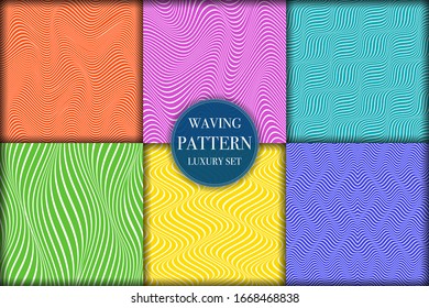 Set of 6 colorful geometric wave pattern background. Abstract waving line texture vector illustration for wallpaper, flyer, cover, banner, design template minimalistic ornament, backdrop