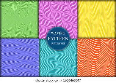 Set of 6 colorful geometric wave pattern background. Abstract waving line texture vector illustration for wallpaper, flyer, cover, banner, design template minimalistic ornament, backdrop