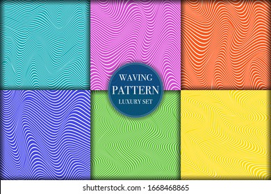 Set of 6 colorful geometric wave pattern background. Abstract waving line texture vector illustration for wallpaper, flyer, cover, banner, design template minimalistic ornament, backdrop