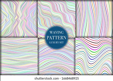 Set of 6 colorful geometric wave pattern background. Abstract waving line texture vector illustration for wallpaper, flyer, cover, banner, design template minimalistic ornament, backdrop