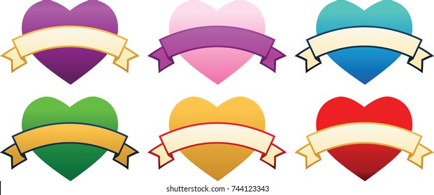 Set of 6 Colorful Gradient Hearts with Banners to Fill In Your Own Text for Valentine's Day or Tattoo