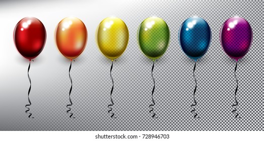 Set of 6 colorful helium balloons. Inflatable air flying balloons. Isolated and transparent with realistic glass shine and shadow on the light background. Vector illustration. Eps10.