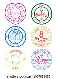 Set with 6 colorful holiday stamps. Hand-drawn creative design for New year, Valentine's day, March 8, Mother's Day
