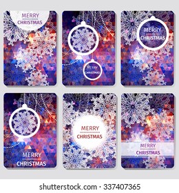 Set of 6 Colorful Merry Christmas and Happy New Year polygonal background with snowflakes, paper round ball,garland - tree decorations. Xmas ornaments. Geometric Vector illustration - eps10
