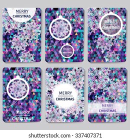 Set of 6 Colorful Merry Christmas and Happy New Year polygonal background with snowflakes, paper round ball,garland - tree decorations. Xmas ornaments. Geometric Vector illustration - eps10