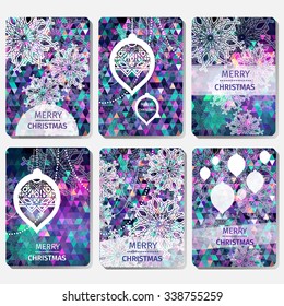 Set of 6 Colorful Merry Christmas and Happy New Year polygonal background with snowflakes, paper round ball,garland - tree decorations. Xmas ornaments. Geometric Vector illustration - eps10