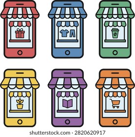 A set of 6 colorful mobile phone icons representing various online stores and e-commerce services, including gift shop, clothing store, coffee shop, plant nursery, bookstore, and general shopping.