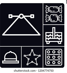 Set of 6 colorful outline icons such as candies, , pills, sewing box