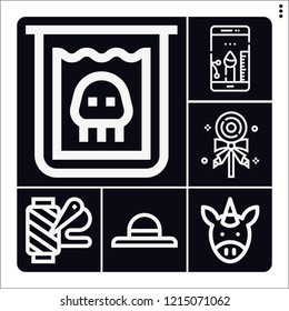 Set of 6 colorful outline icons such as lollipop, unicorn, creature, spool of thread, creative design