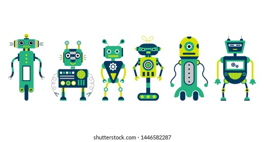 Set of 6 colorful robots on a white background. Cartoon style. Robot toys. Vector illustration. 